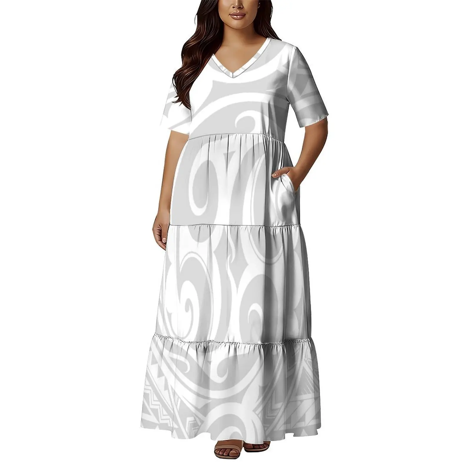 

New Polynesian Custom Tribal Design Mother'S Day White V-Neck Cake Dress With Spacious Pocket Design Of Long-Style Dress