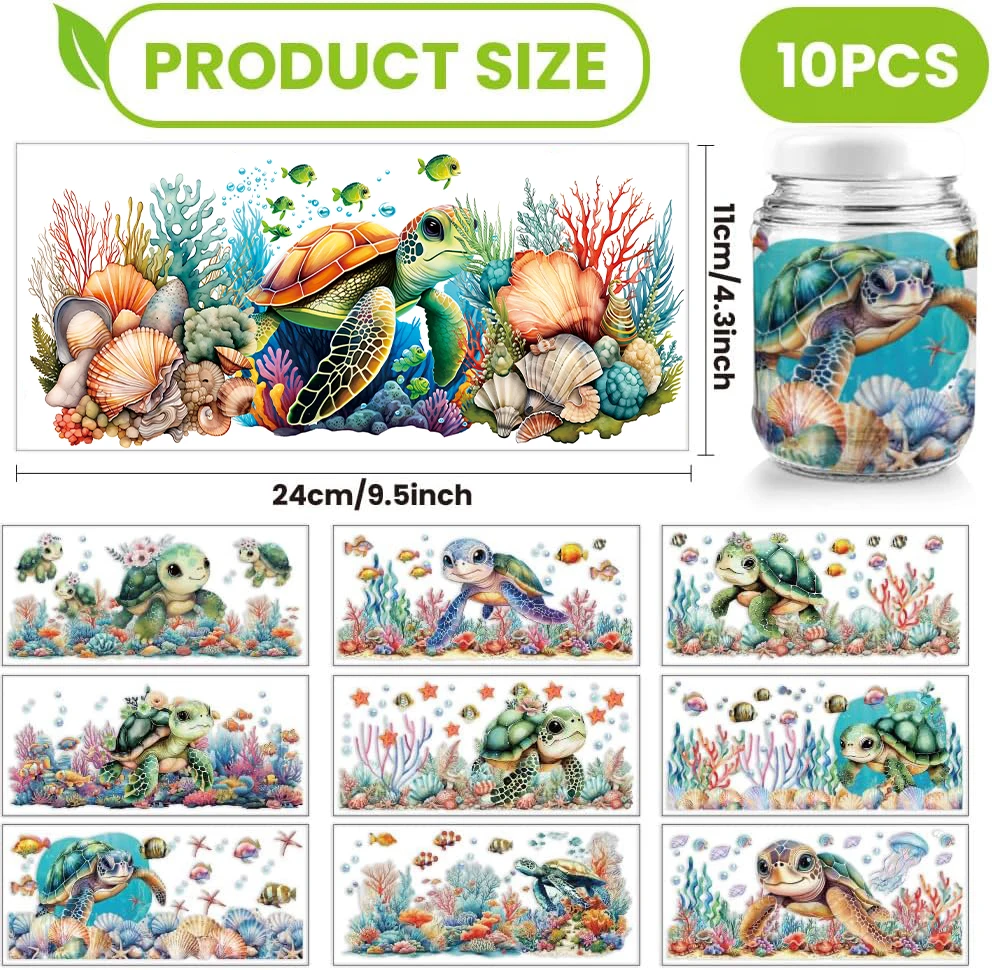 УФ-обертывания для чашек DTF, морская черепаха, рыба, водоросли, переводные наклейки из ПВХ, водонепроницаемые наклейки для стеклянных чашек 16 унций, сделай сам