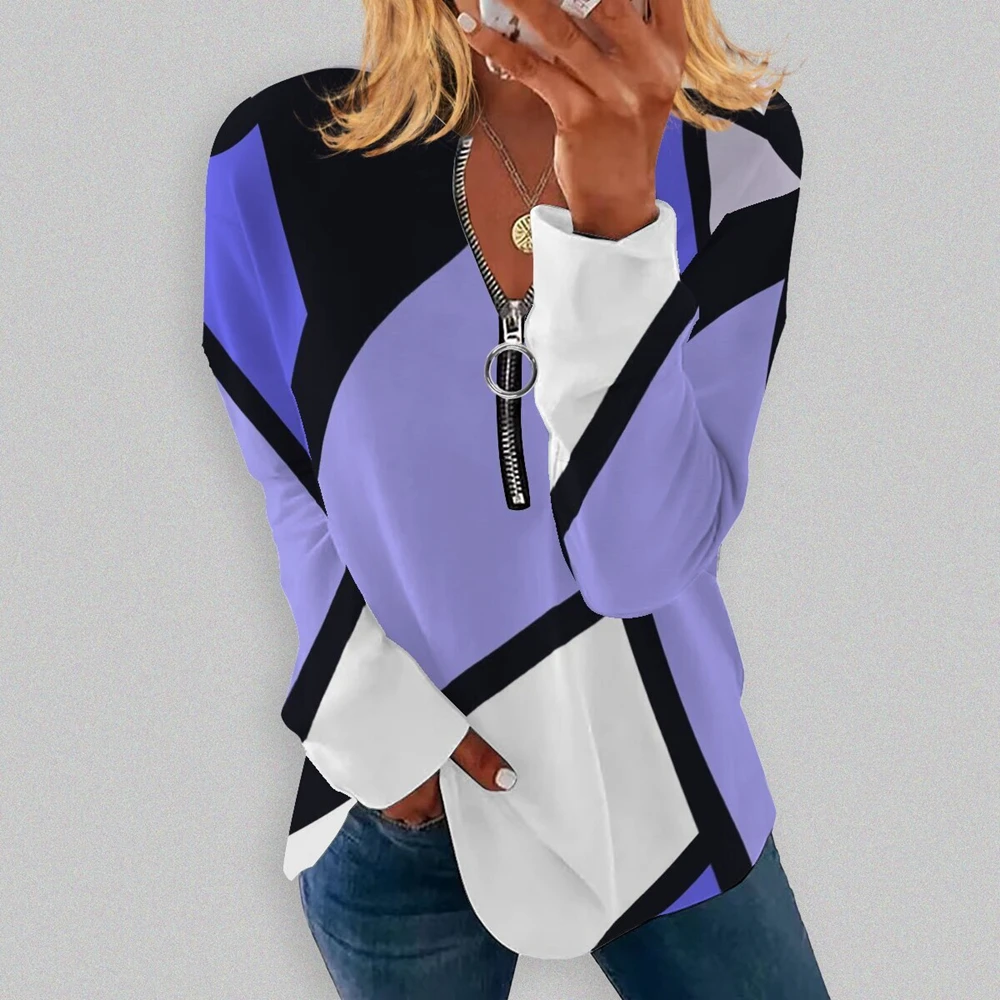 Women's Casual Geometric Print V-Neck Loose Long Sleeve T-Shirts Femme Autumn Zipper Tee Tops Office Lady High Street Clothing