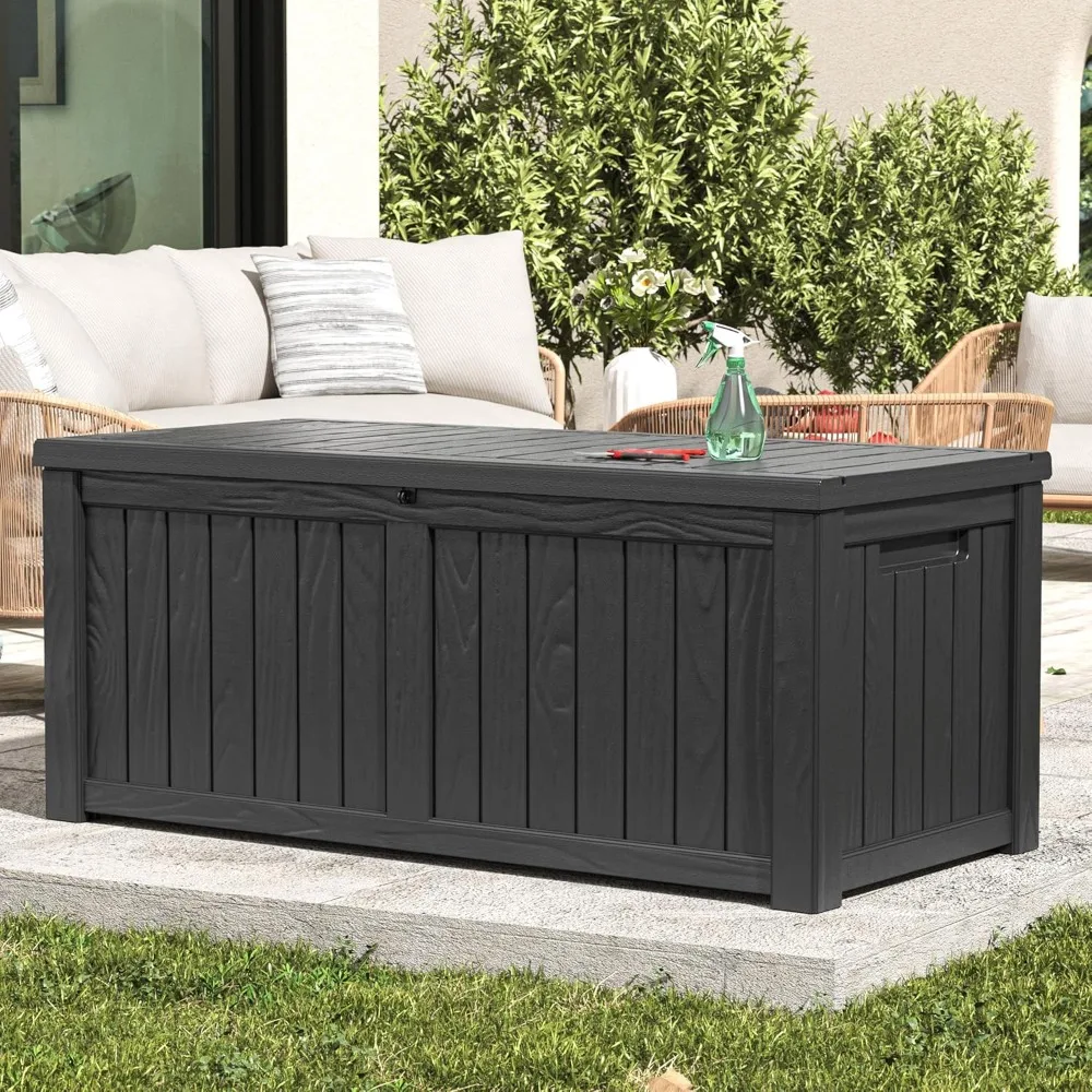 

120 gallon outdoor storage box, lockable terrace, furniture, garden tools, sports equipment, and swimming pool supplies