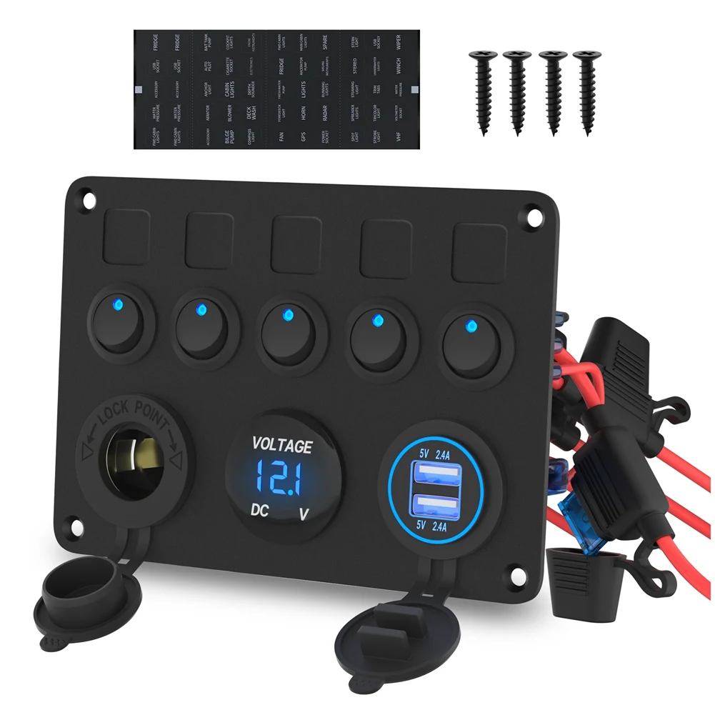boat-switch-panel-5-gang-with-blue-led-waterproof-12v-outlet-and-dual-usb-port-for-auto-and-for-boats