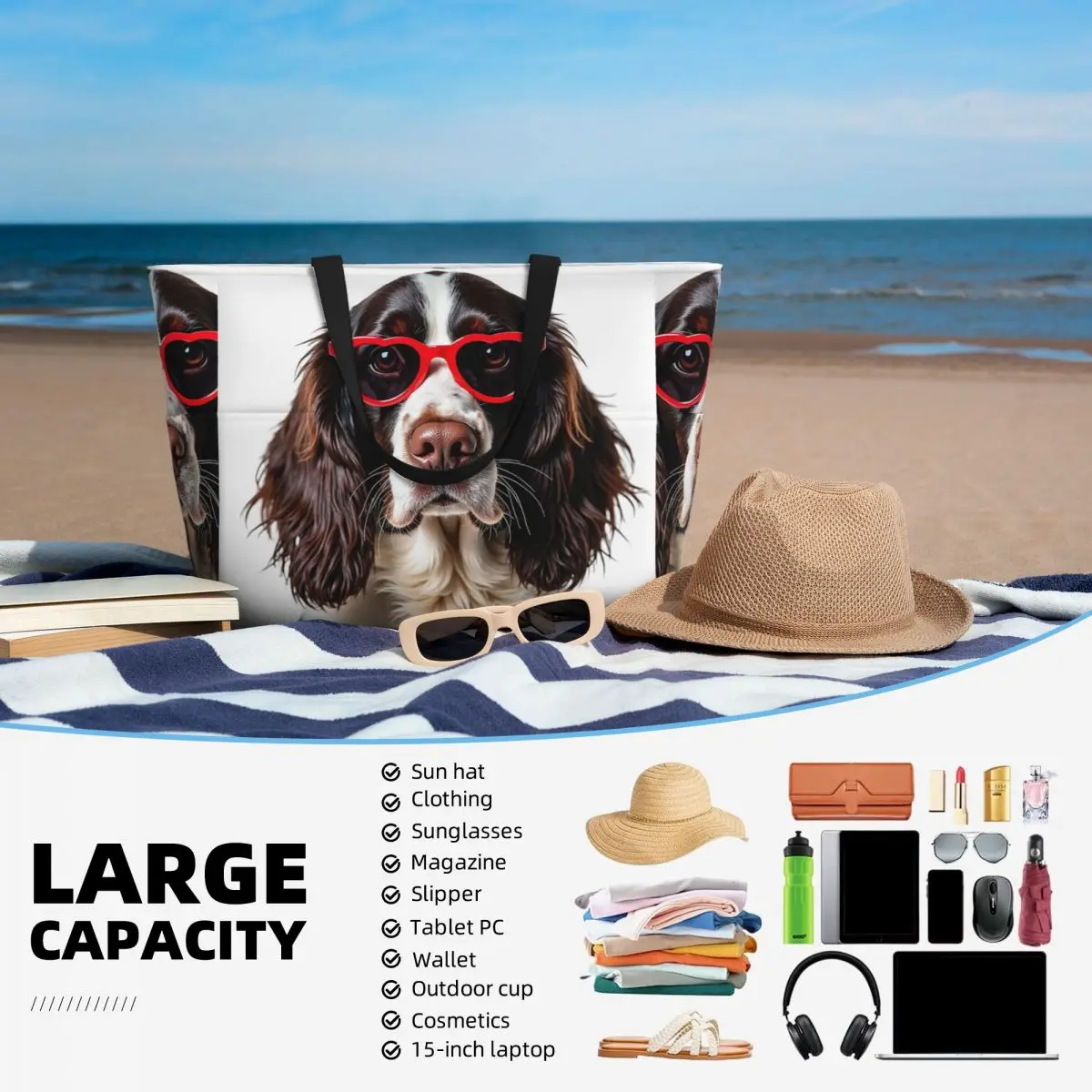 Inglês springer spaniel cão vestindo um coração forma óculos de sol praia sacola esporte yoga duffle grande sacola feminina saco de viagem