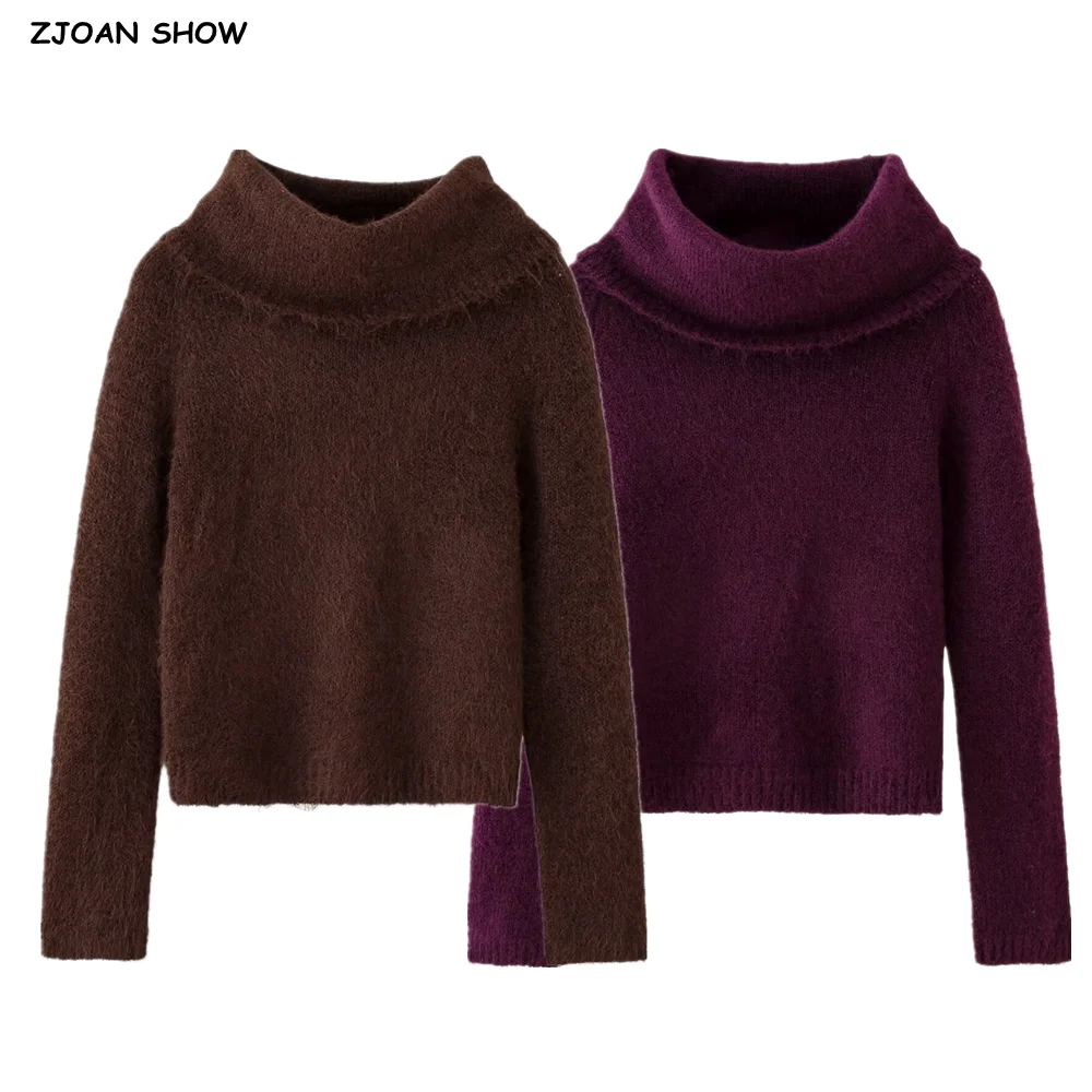 

2025 Autumn Women High Collar Knitted Sweater American Retro Full Raglan Sleeve Pullover Jumper Short Knitwear