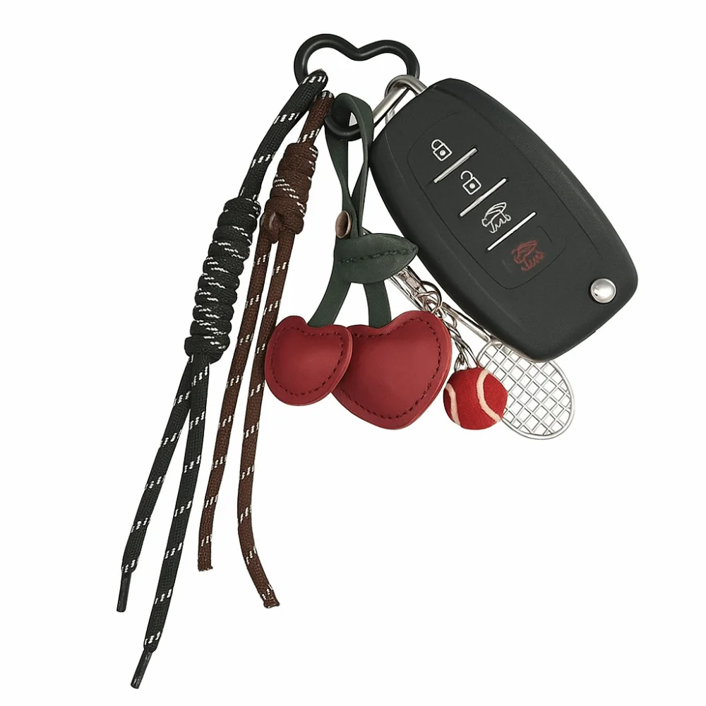 

Girl Heart Braided Rope Keychain Anti-Lost Handmade Cherry Shaped Bag Pendant Ornament Hand-Woven Tennis Racket Key Chain