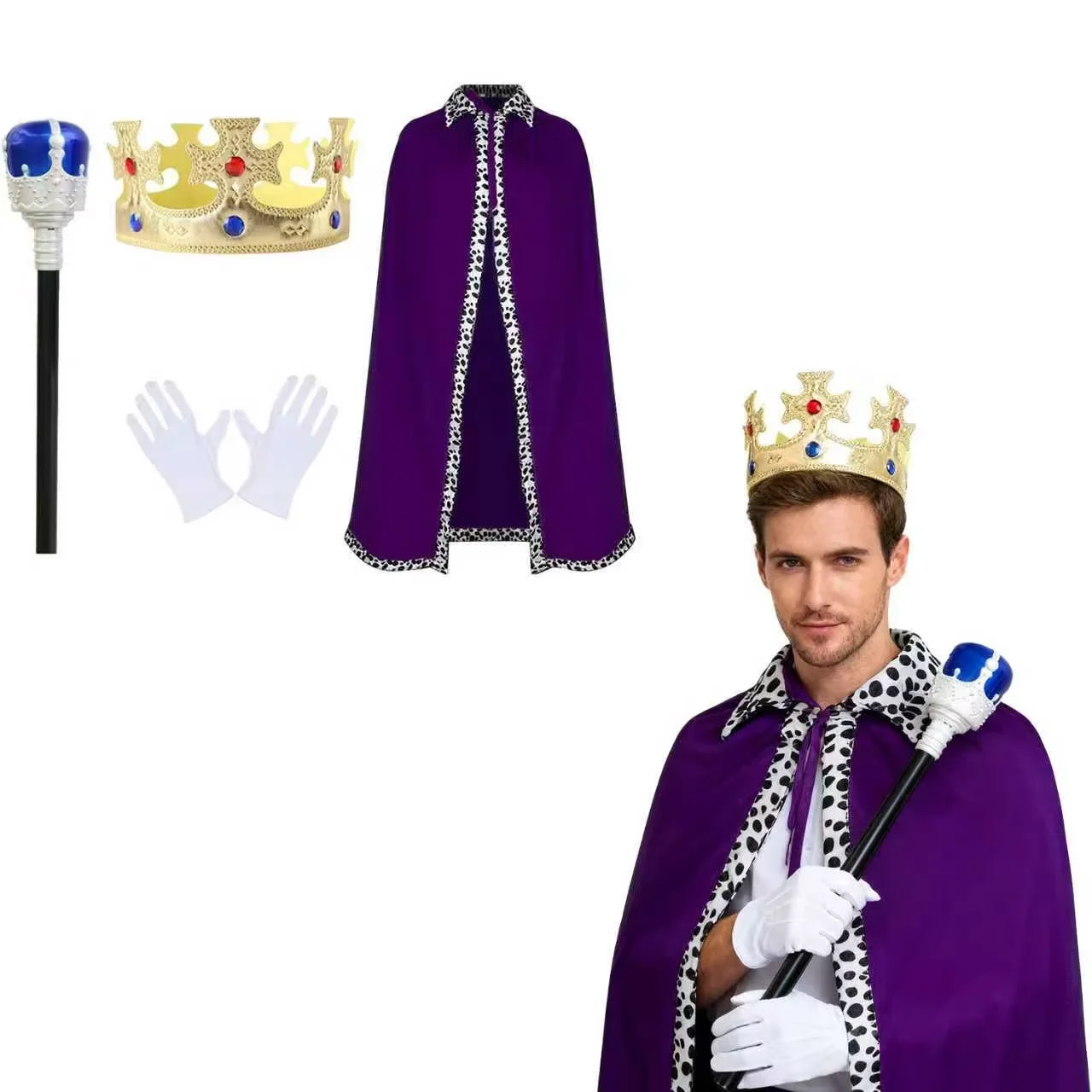 PESENAR Halloween rey príncipe o reina bata capa roja capa corona varita disfraz conjunto con diadema de corona rey