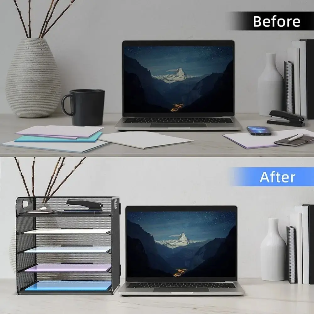 

5 Tray Mesh Desk Organiser Tray Foldable with Handle File Organizer Shelf Black Metal Paper Sorter Rack Classroom