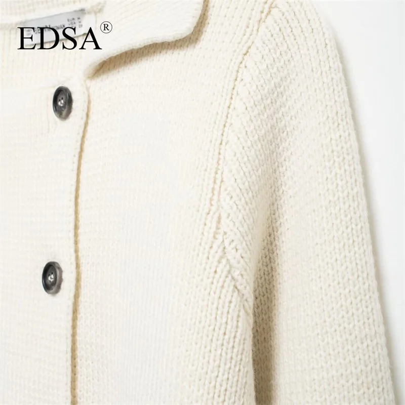 EDSA Women Beige Knit Bitton-up Jacket with Flap Pockets Double Breasted Turn-down Collar Long Sleeves for Autumn