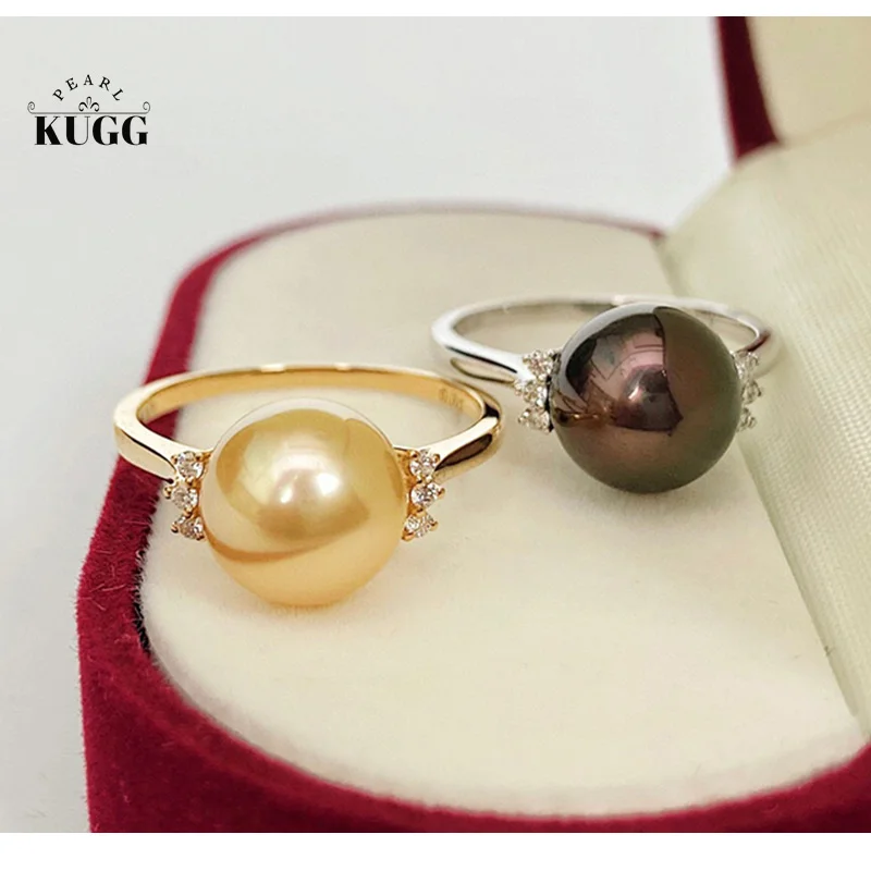 

KUGG PEARL18K White/Yellow Gold Rings 9-10mm Real Natural Tahitian or South Sea Gold Pearl Ring for Women Shiny Diamond Jewelry