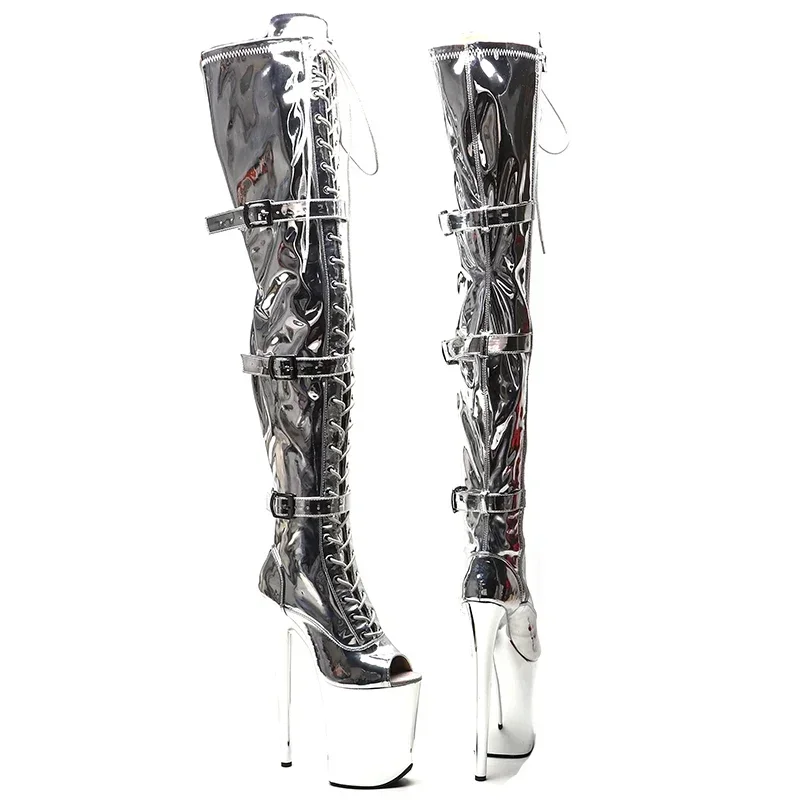 Leecabe  20CM/8inches Shiny PU   Upper Open Toe Trend fashion  High Heel platform Boots Pole Dance boots