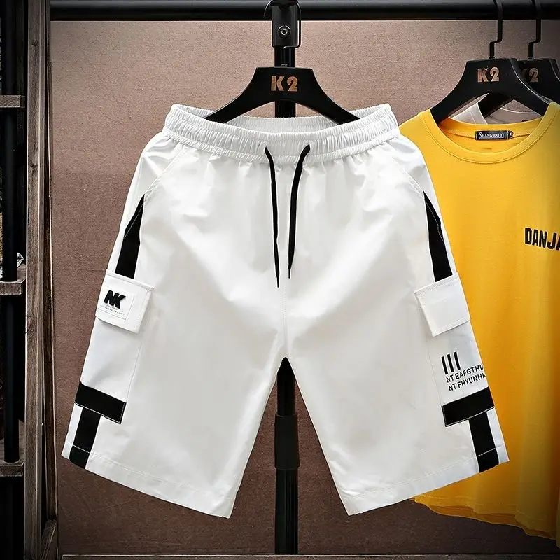 Fashion Elastic Spliced Pockets Printed Casual Shorts Men's Clothing Summer New Loose All-match High Waist Knee Shorts