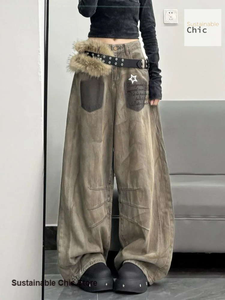 American retro wasteland graffiti dirty dyeing tooling jeans women spring and autumn high waist loose slim wide leg mop pants