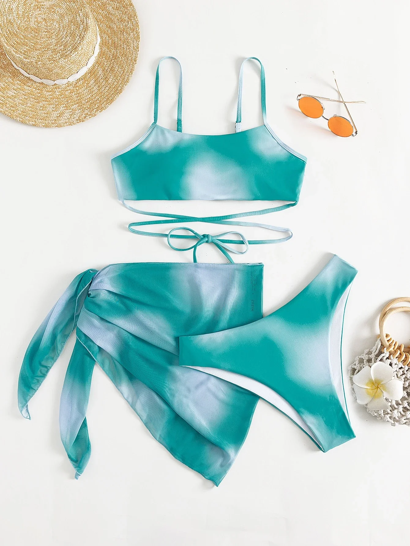 

Ombre Lace Up Bikini Set With Beach Skirt Summer Swimwear