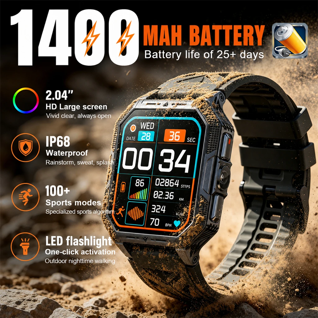 2026 New Military Grade Men Smart Watch 1400mAh Battery IP68 Waterproof Bluetooth Call Outdoor Sports Smartwatch for Android iOS