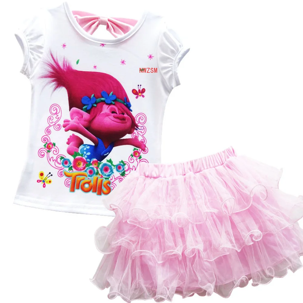 Ropa de moda para niños y niñas, camiseta de Trolls de Anime + falda, disfraz de fiesta de cumpleaños, vestido de verano de dibujos animados, trajes de manga corta, 2 uds.