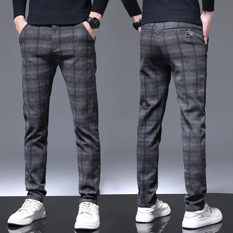 Simple Suit Pants Men's Autumn Winter Business Formal Plaid Trousers All-Matching Slim Fit Stretch Ankle-Tied Pencil Pants Male