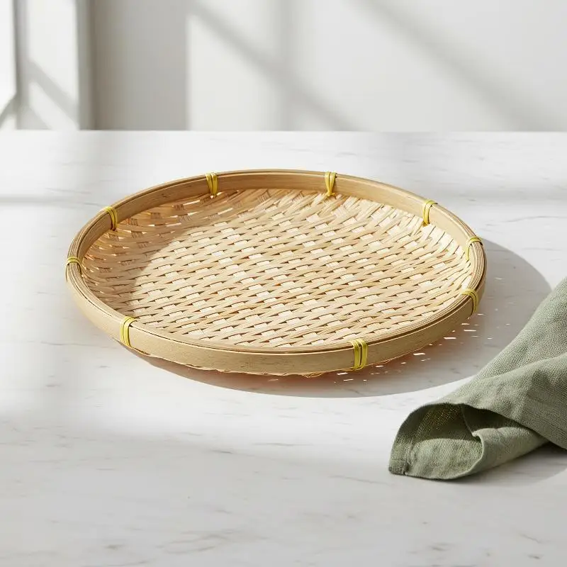Sturdy Handwoven Natural Bamboo Tray Eco-Friendly Rustic for Dessert Serving Outdoor Patio Party Home Decoration