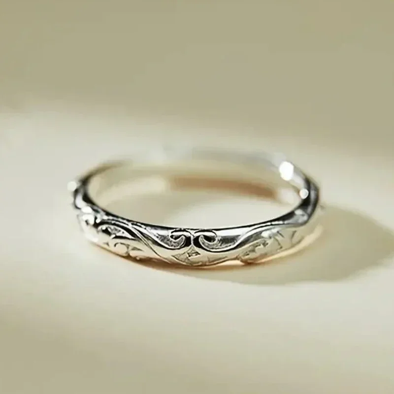 Metal Silver Color Caved Pattern Women Thin Rings Temperament Wedding Bands Accessories Fashion Versatile Jewelry 2026