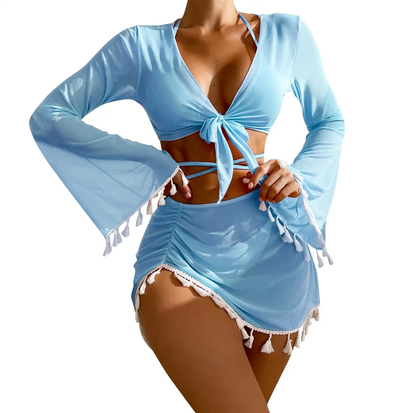Women's 4 Piece Swimsuits Fringe Top Long Sleeve Coverup Sexy Bikini Sets Beach Sarong Mini Skirt Bathing Suit