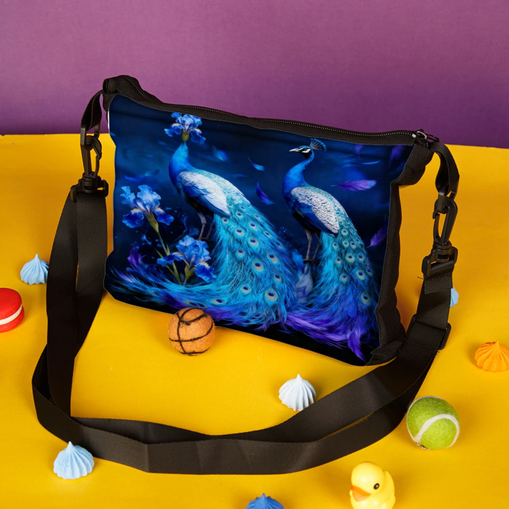 Peacock Print Crossbody Bag Blue With Floral And Bird Pattern Shoulder Bags For Women Fashion Casual Daily Use  Messenger Bag