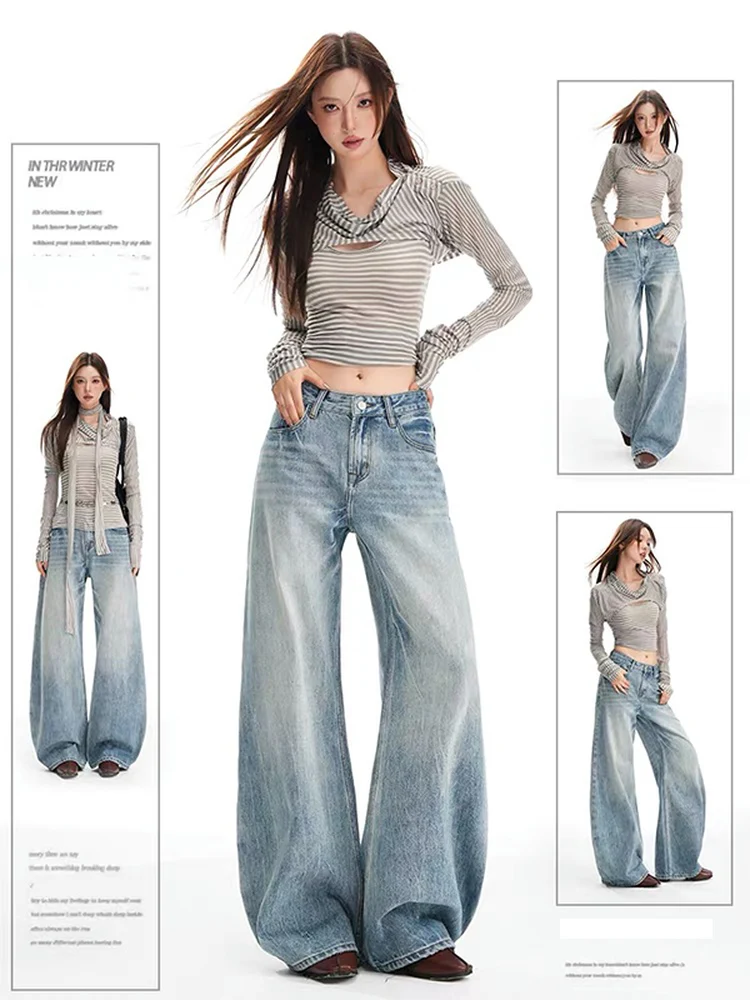 

Retro Knife Denim Jeans Women's Low Waist Wide Leg Pants Spring Season Versatile Waed Blue Ladies Casual Faion