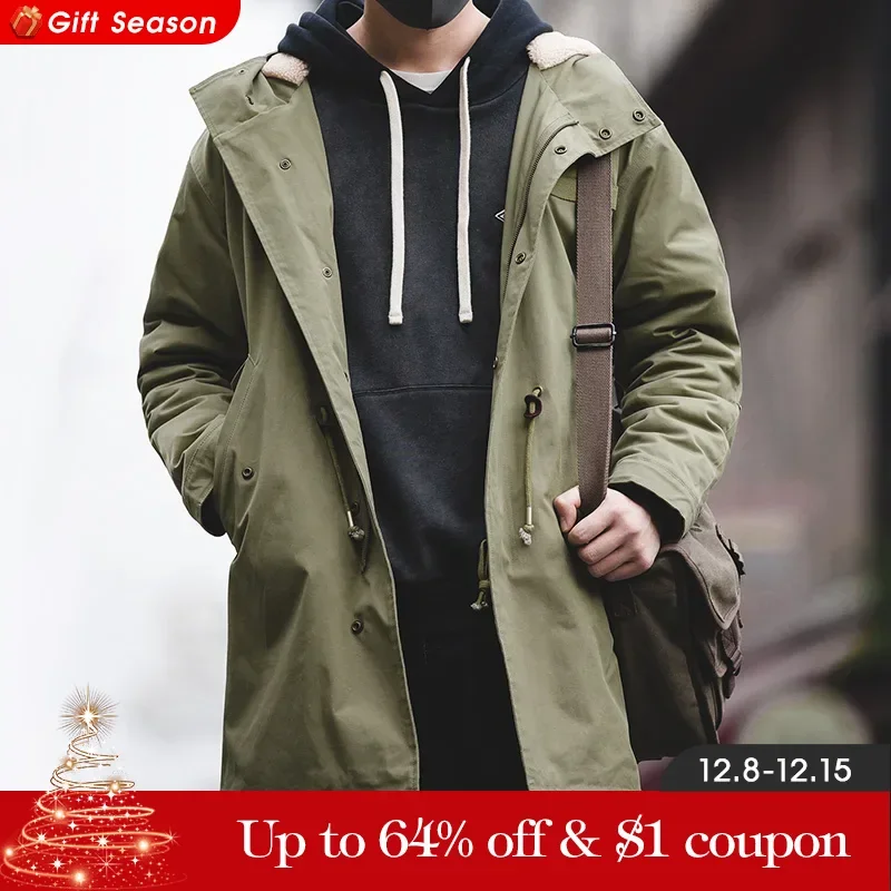 Maden Men\'s Thick Hooded M-51 Fishtail Cotton Coat Plus Velvet Parka Jacket Green Windbreaker Winter Autumn Men Trench Coat