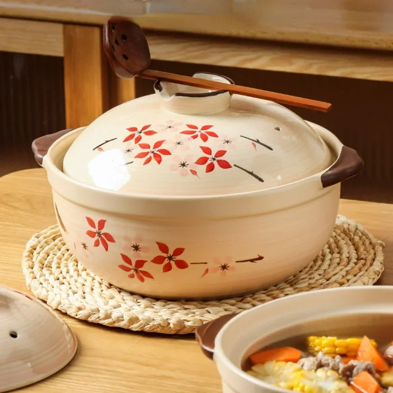 Hand-Painted Cherry Blossom Casseroles, High Temperature Non-Cracking Pots, Gas Cooker, Sturdy Cookware