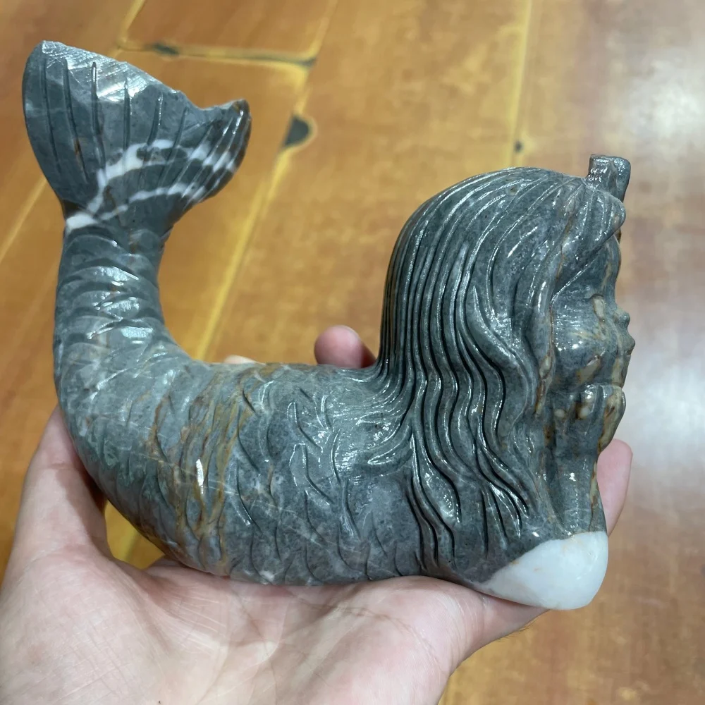 1PCS Natural Ocean Jasper Mermaid Carving Statue Fengshui Healing Reiki Home Decor Gift Craft