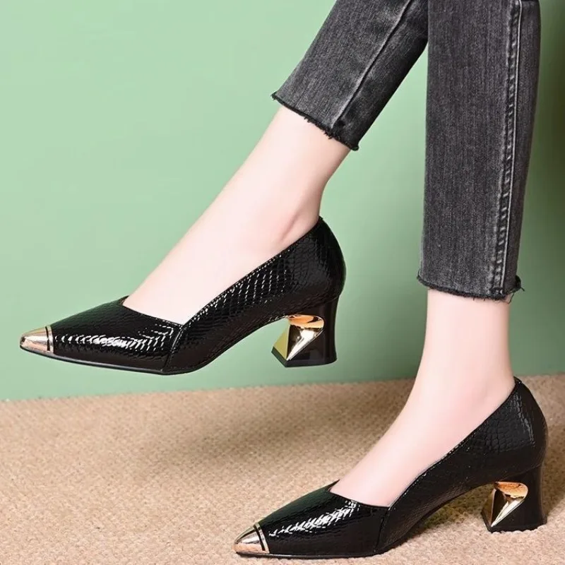 Special Heel Single Shoes Autumn New Metal Pointed Toe Shallow Mouth Slip-on Non-Slip Kitten Heels