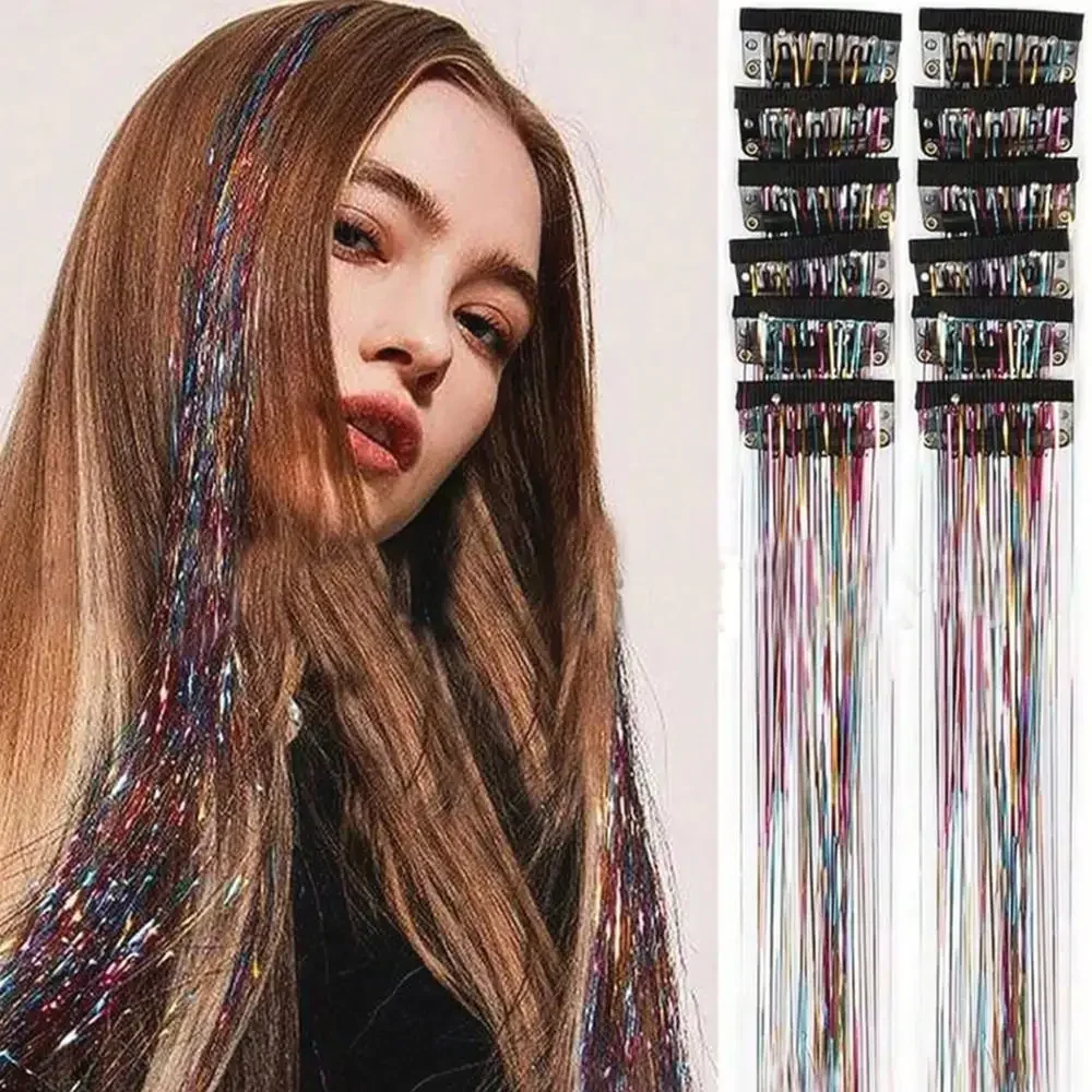 12Pcs Synthetic Seamless Shiny Ribbon Silk Straight Wigs Simulation Hair Extensions Performances Props