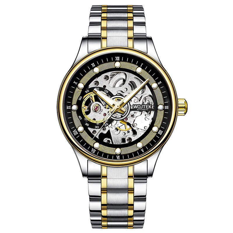 WOJTEK Men Hollow Mechanical Watch Solid Stainless Steel Band Waterproof Luminous Business Fashion Male Wristwatch Reloj Hombre