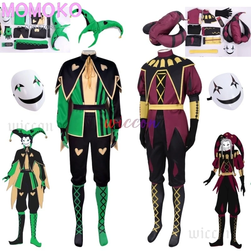 

Red Green Clown Freak Circus Pierrot Cosplay Harlequin Clown Mask Hat Halloween Horror Men Boy Girl Roleplay Clothes Unisex Suit