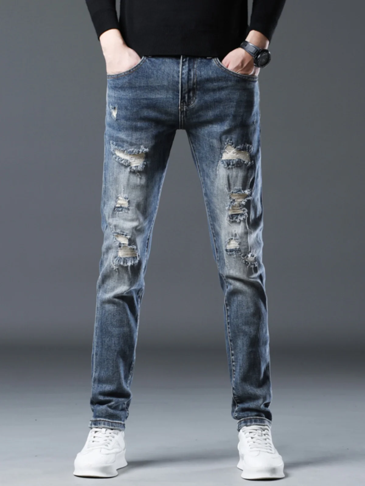 

High-End Men's Slim Fit Denim Jeans Patchwork Ripped Retro Black Casual Elastic Korean Style Long Pants mid Waist Zipper