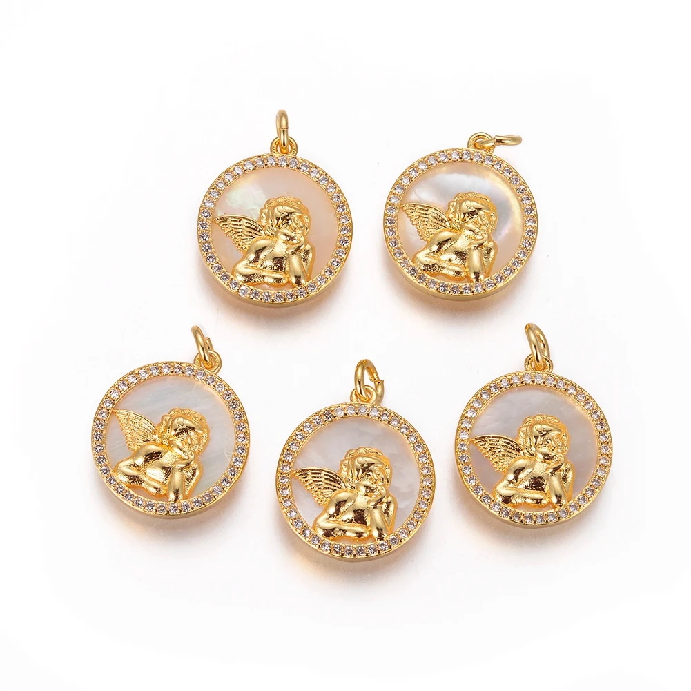 

5PCS Metal Pendants with Cubic Zirconia Shell Flat Round with Angel Clear Golden Color for DIY Jewelry Necklace Eardrop Charm