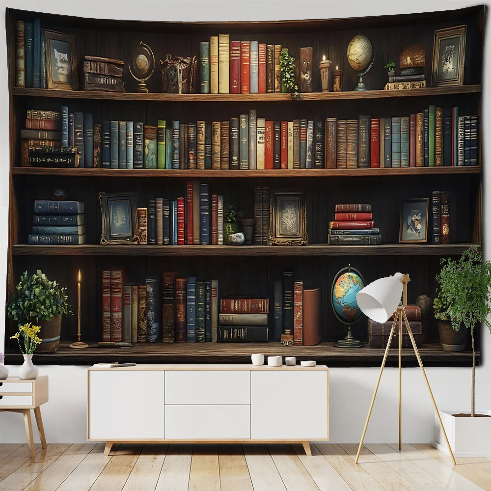 Vintage Bookshelf Tapestry Wall Hanging Library Home Wall Art Decoration Bohemian Hippie Tapestry Bedroom Dormitory Decoration