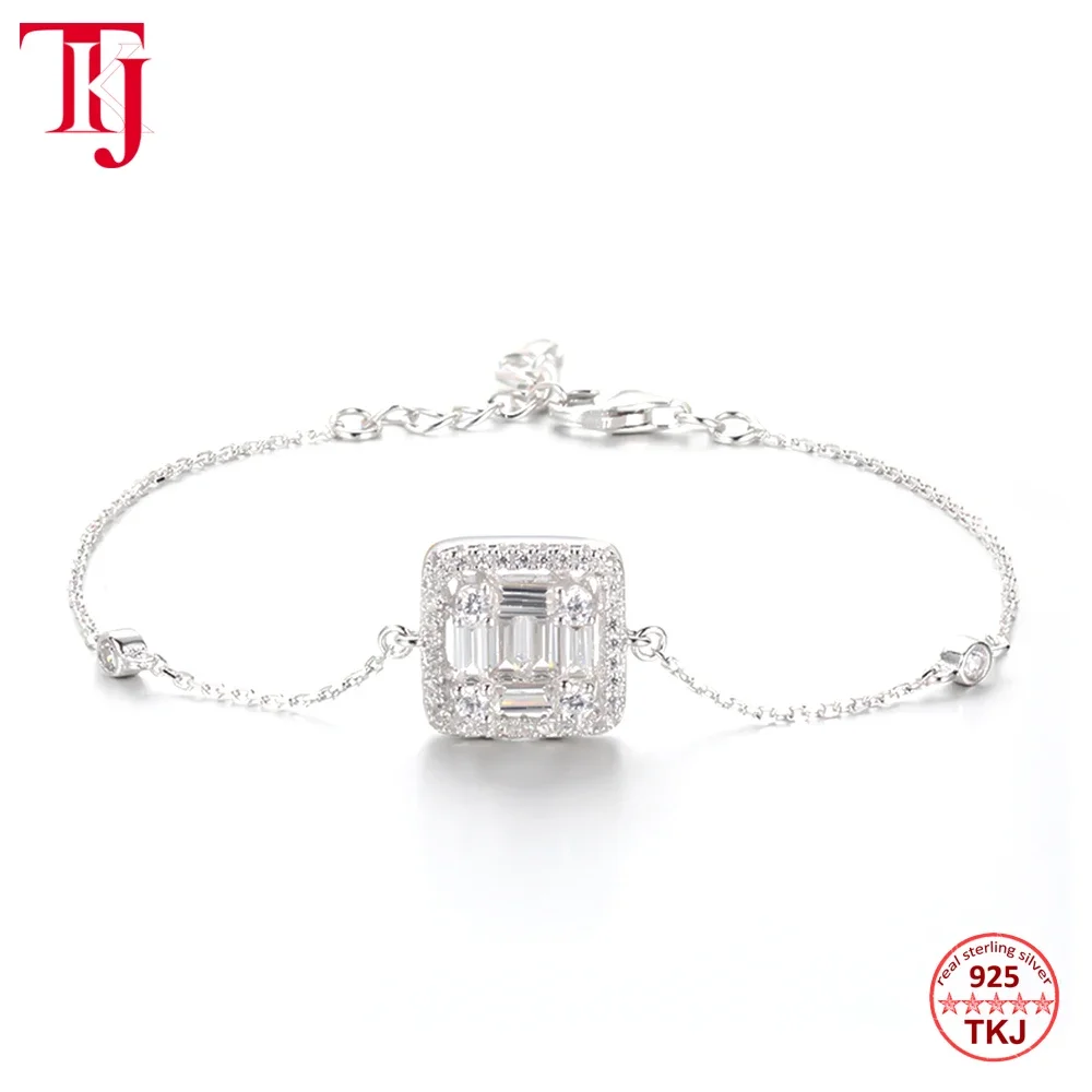 

TKJ 925 Sterling Silver Rectangular Cut Zirconia Sparkling Bracelet for Women Adjustable Chain Bracelet Anniversary Jewelry Gift