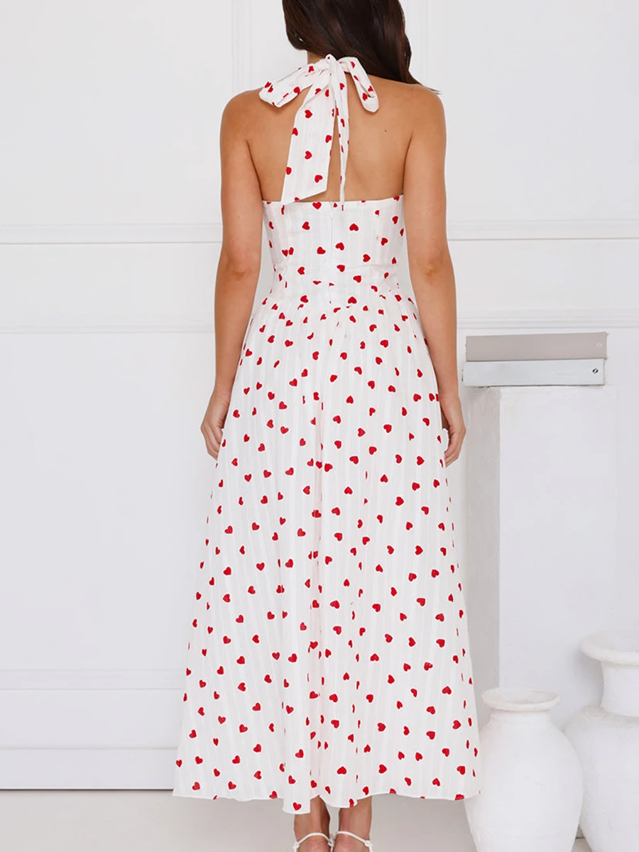 Women Long Dress Valentine's Day Heart Print Tie-Up Halter Neck Sleeveless A-line Dresses Maxi Summer Party Cocktail Sundress