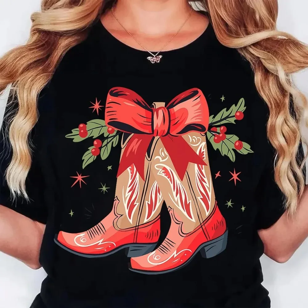 Boots Christmas Shirts Western Cowgirl Holiday Tee Casual Short Sleeve Top Women's Clothing Cartoon Street-wear Y2k Clothes