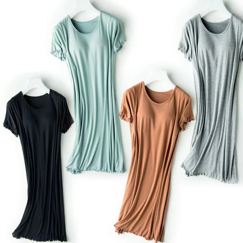 Threaded Night Skirt With Chest Pad Short-sleeved Long Skirt Half-sleeved Loose Thin Section Large Size Home Dress Femal