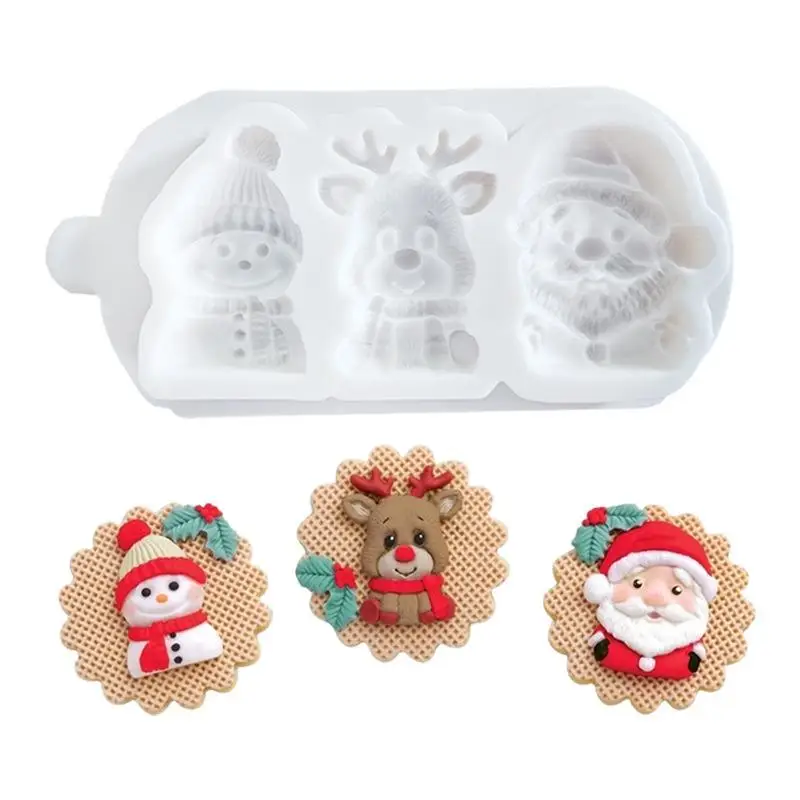 

Долговечная силиконовая форма с тремя Санта-Клаусами и лосями, рождественским снеговиком и снежинками, форма для помадки, торта, десерта, шоколада, украшение