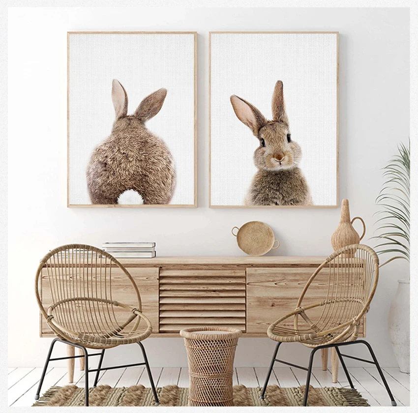 Canvas Poster Nursery Print Minimalist Painting Nordic Kids Baby Room Decor Bunny Rabbit Tail Wall Art Picture Woodland Animal