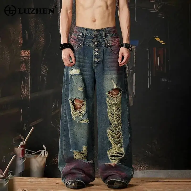 LUZHEN 2026 New Color Contrast Printed Broken Hole Design Loose Straight Jeans Men's Fashion Original Street Denim Pants JY6641