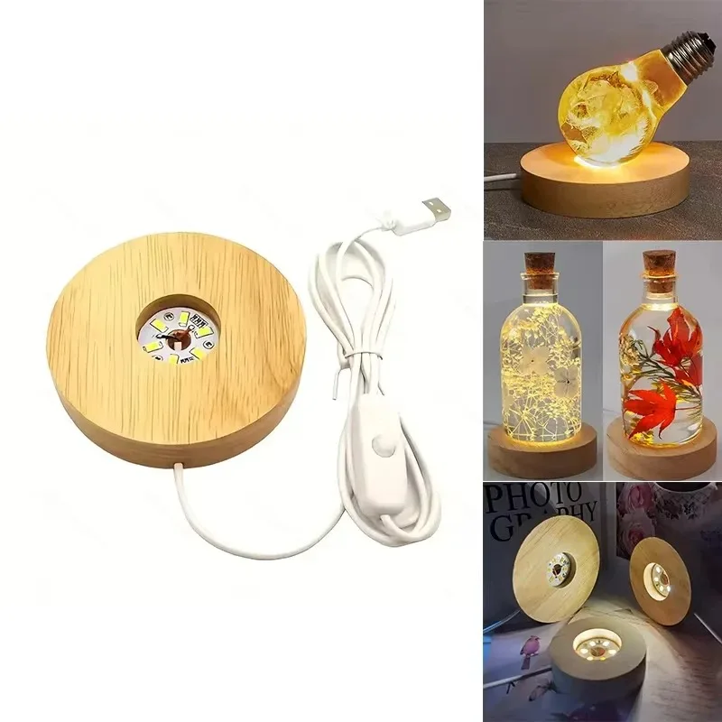 Crystal Ball Lamp Base Night Light, Wooden LED USB Rechargeable Touch Remote Control Round Stand for Bedroom Home Decor Gift