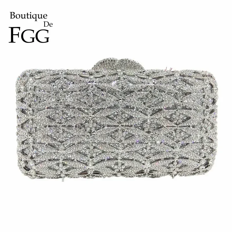 Boutique De FGG Luxury Crystal Clutch Evening Bags for Women Formal Party Silver Rhinestone Minaudiere Handbags and Purses