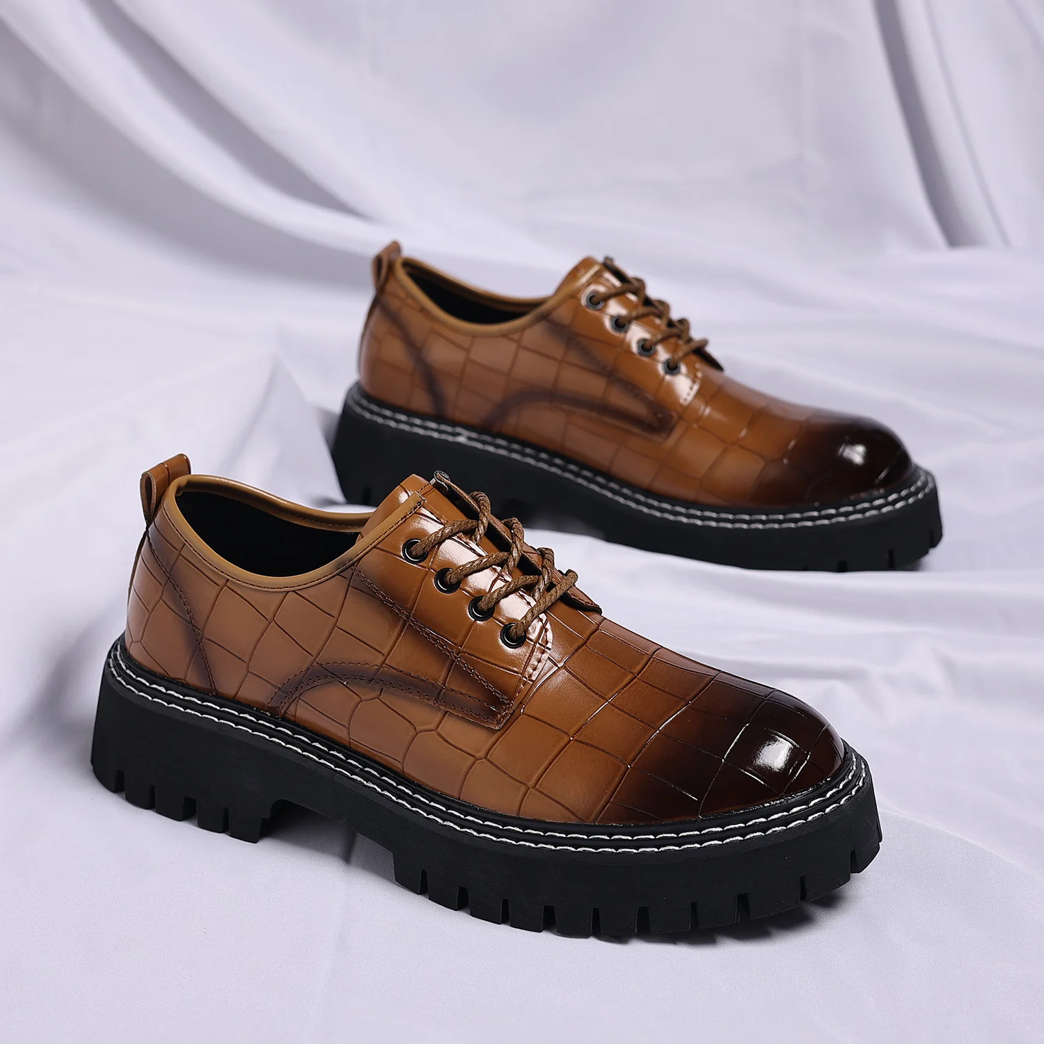 Large Sizes 38-48 Men Heeled Derby Shoes Multicolor British-style Lace-up Thick-soled Slip-resistant Casual Leather Shoes Men