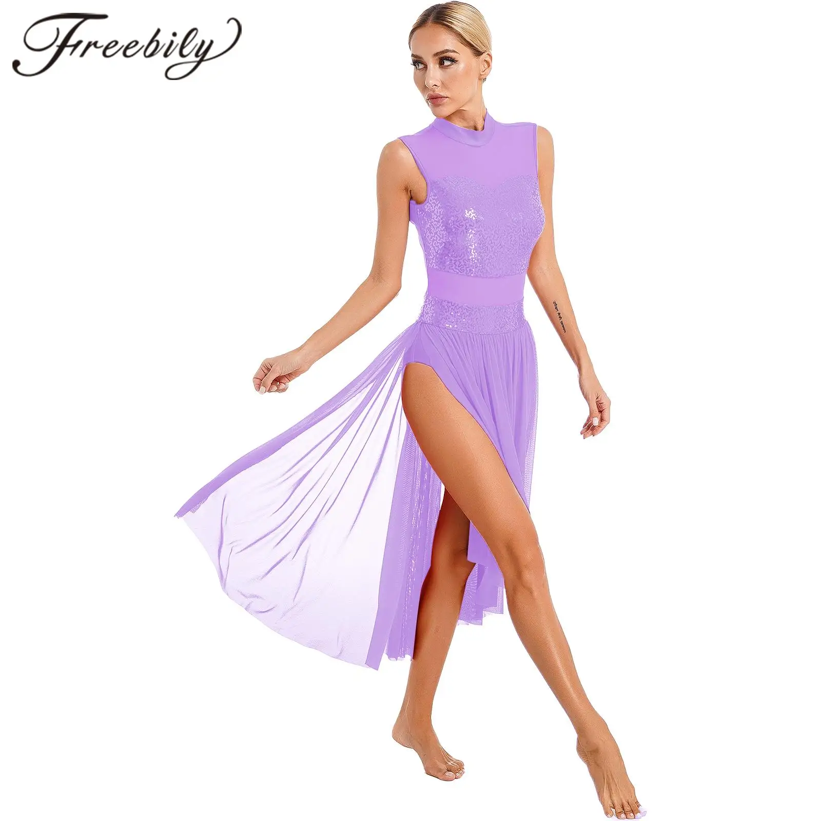 Cutout Mesh Ballet Dress Women Ice Skating Clothes Lyrical Dance Costumes Sequins Gymnastics Leotard Figure Skating Clothes