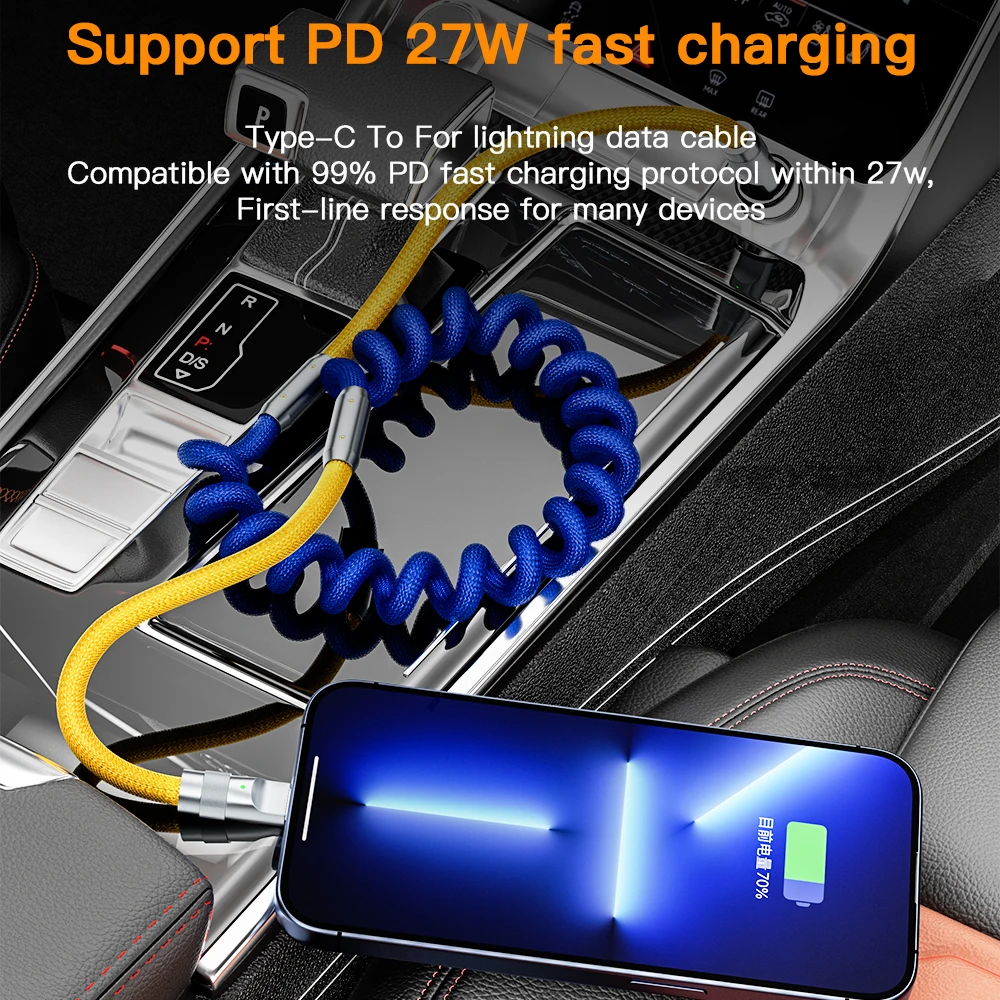 KEYSION Zinc Alloy PD 27W USB C Cable Type C to L Cable Car Spring Fast Charger Data Cord Wire for iPhone 14 13 12 11 Pro Max SE