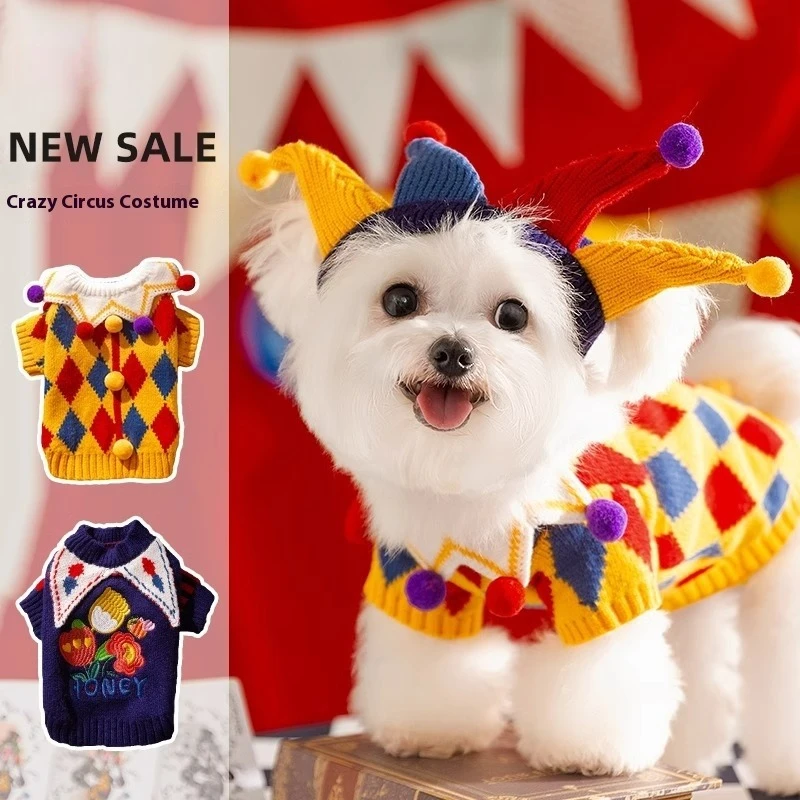 

Halloween Christmas Cat Suit Pet Dog Clothes, Autumn and Winter Dog Cute Funny Crazy Circus Clown Sweater