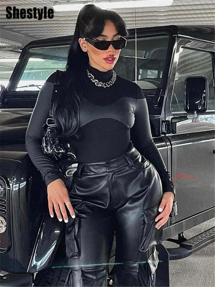 Shestyle Black Patchwork Skinny Bodysuits Women PU Leather Full Sleeve Basic Elegant T-Shirt Tees Autumn 2023 High Street Outfit