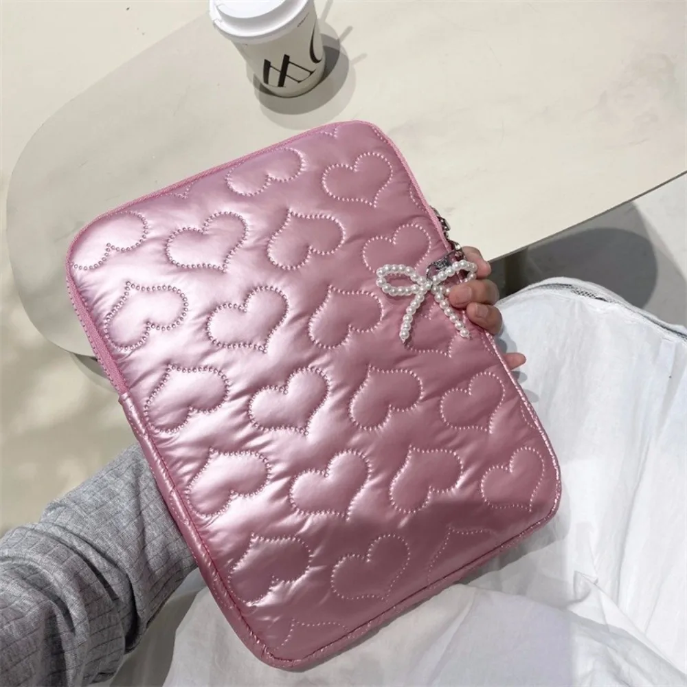 

PU Leather Pearl Tablet Storage Bag Puffy Design Large Capacity Computer Bag Shockproof Heart Bowknot Laptop Sleeve Men Women
