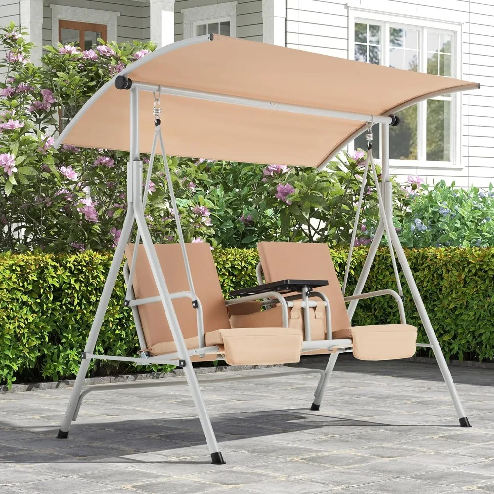 

2 Seat Outdoor Porch Swing,Patio Swing with Adjustable Canopy,Heavy Duty 650 LBS Outdoor Swing with Pivot Storage Table